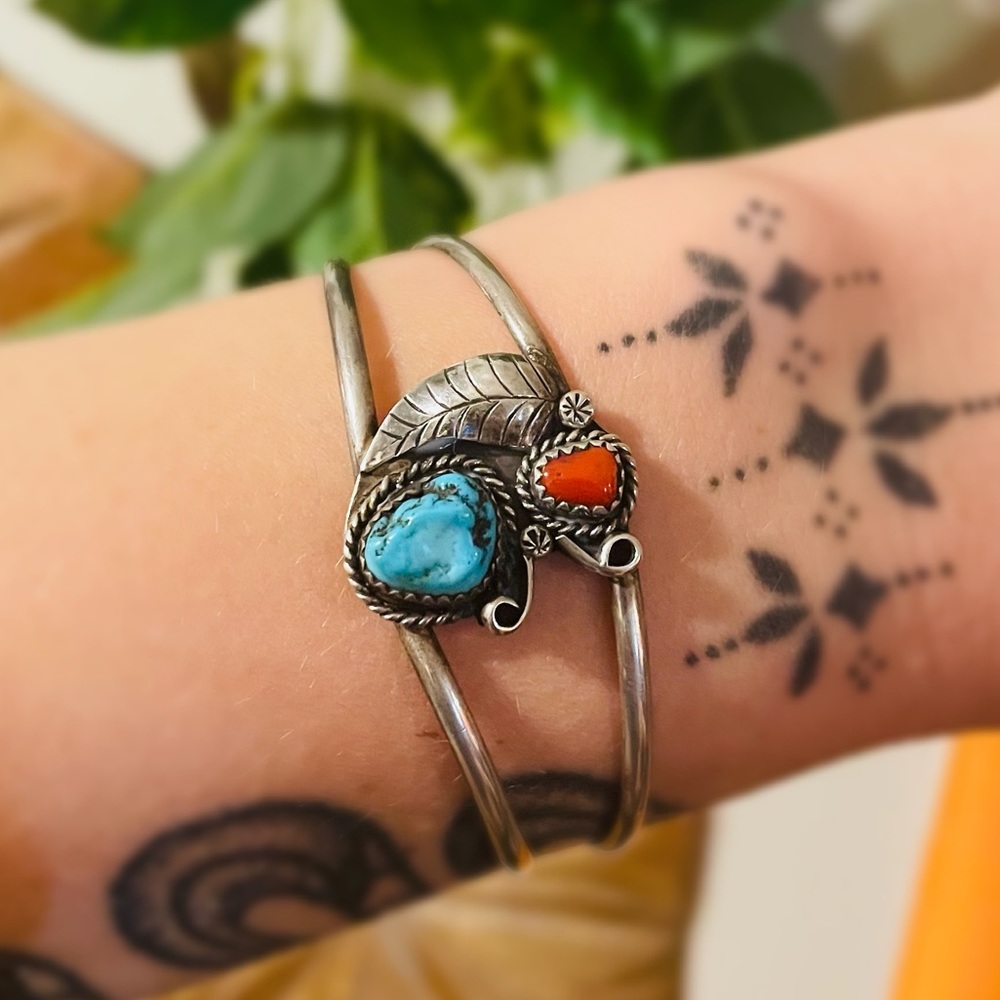 Vintage Southwestern Rough Turquoise & Coral Cuff